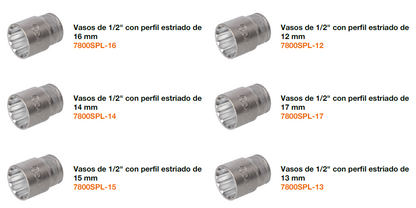 Juego de vasos de 1/2" con perfil estriado en mm y carraca - 24 piezas