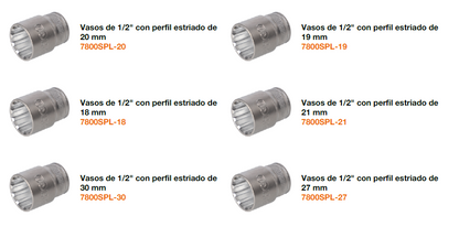 Juego de vasos de 1/2" con perfil estriado en mm y carraca - 24 piezas
