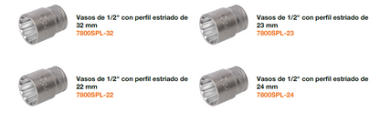 Juego de vasos de 1/2" con perfil estriado en mm y carraca - 24 piezas