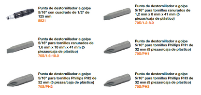 Juego de puntas de 5/16" para tornillos ranurados / Phillips / hexagonales: 14 piezas