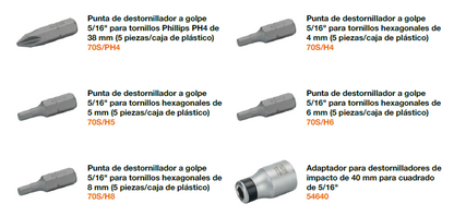 Juego de puntas de 5/16" para tornillos ranurados / Phillips / hexagonales: 14 piezas